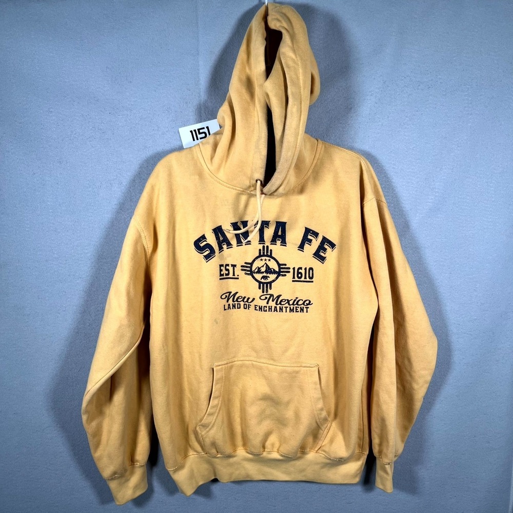 Prairie Mountain Hoodie Mens Medium Yellow Santa Fe Zia Sun Graphic Fleece Lined